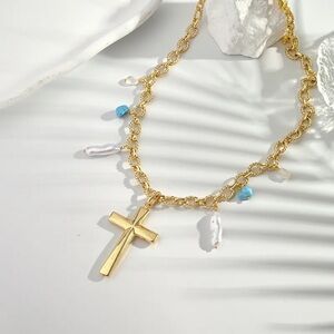 Golden Cross Charm Necklace with Pearls & Turquoise